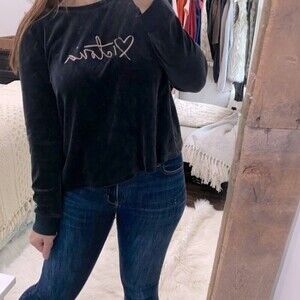 Victoria’s Secret black crushed velvet graphic sweatshirt size large open back